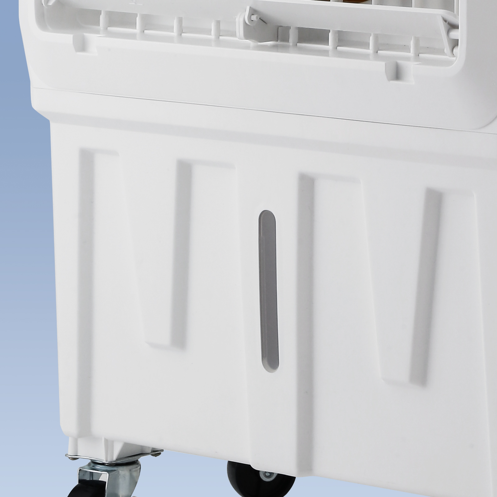 close-up view of the lower section of VEVOR evaporative air cooler with water level indicator and caster wheels.