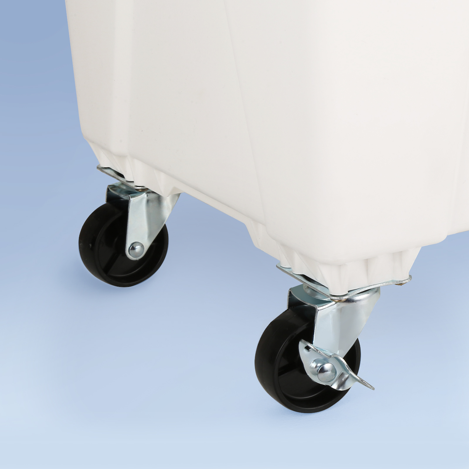 caster wheels of a VEVOR evaporative air cooler on a light blue background.