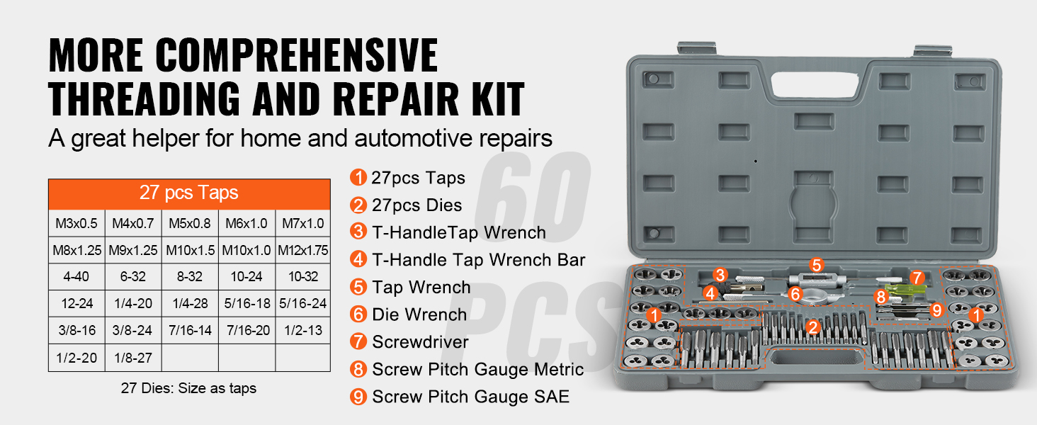 HIGHFIRE 60PCS SAE Metric Tap And Die Set With Storage Case,Essential Threading Tool For Cutting External Internal Threads And Repair Damaged Threads. - Tamaño 60PCS | Guatemala