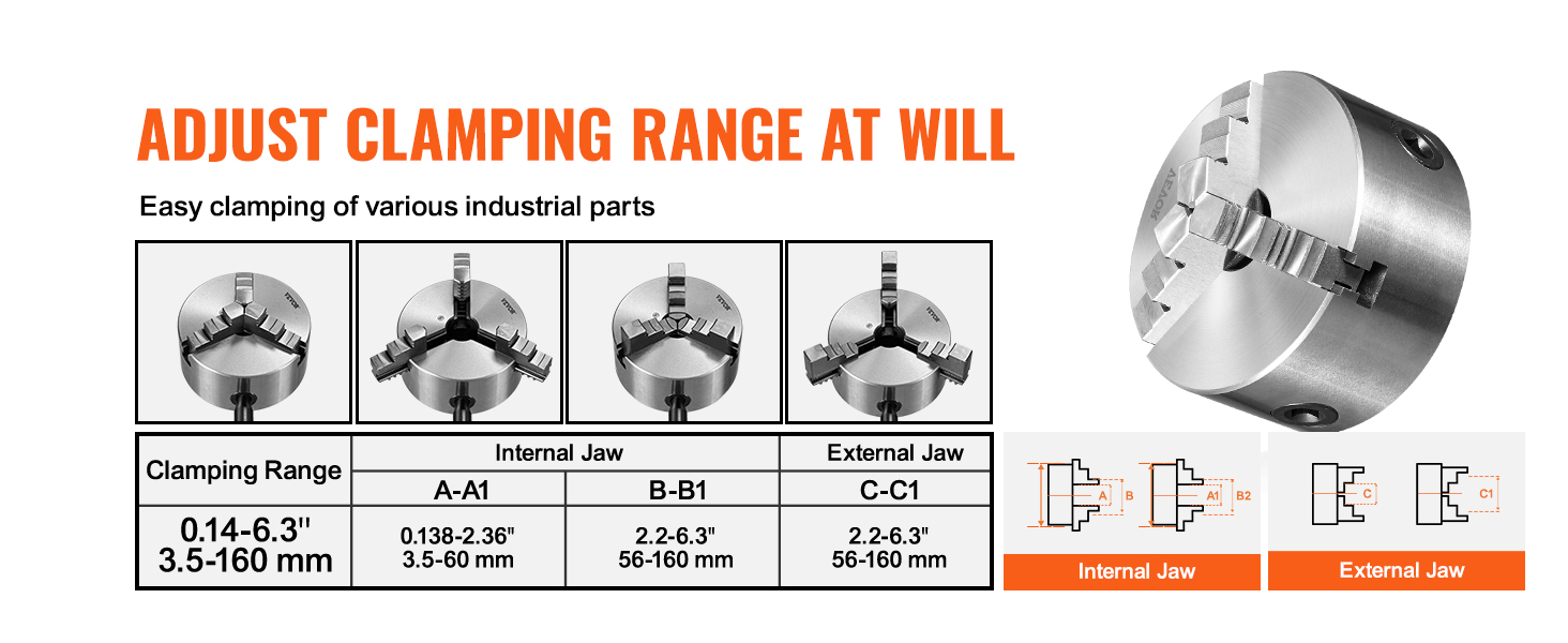 VEVOR 3-jaw lathe chuck with adjustable clamping range for internal and external jaws.