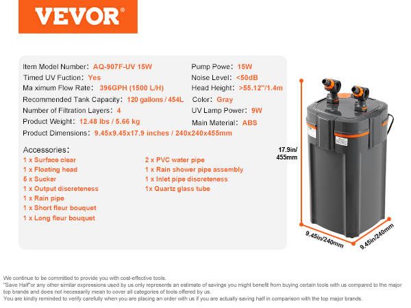 Filtro per acquario VEVOR aq-907f-uv 15w con accessori e specifiche visualizzate.