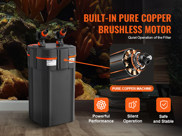 Filtro per acquario VEVOR con motore brushless in rame puro integrato per un funzionamento silenzioso e prestazioni stabili.