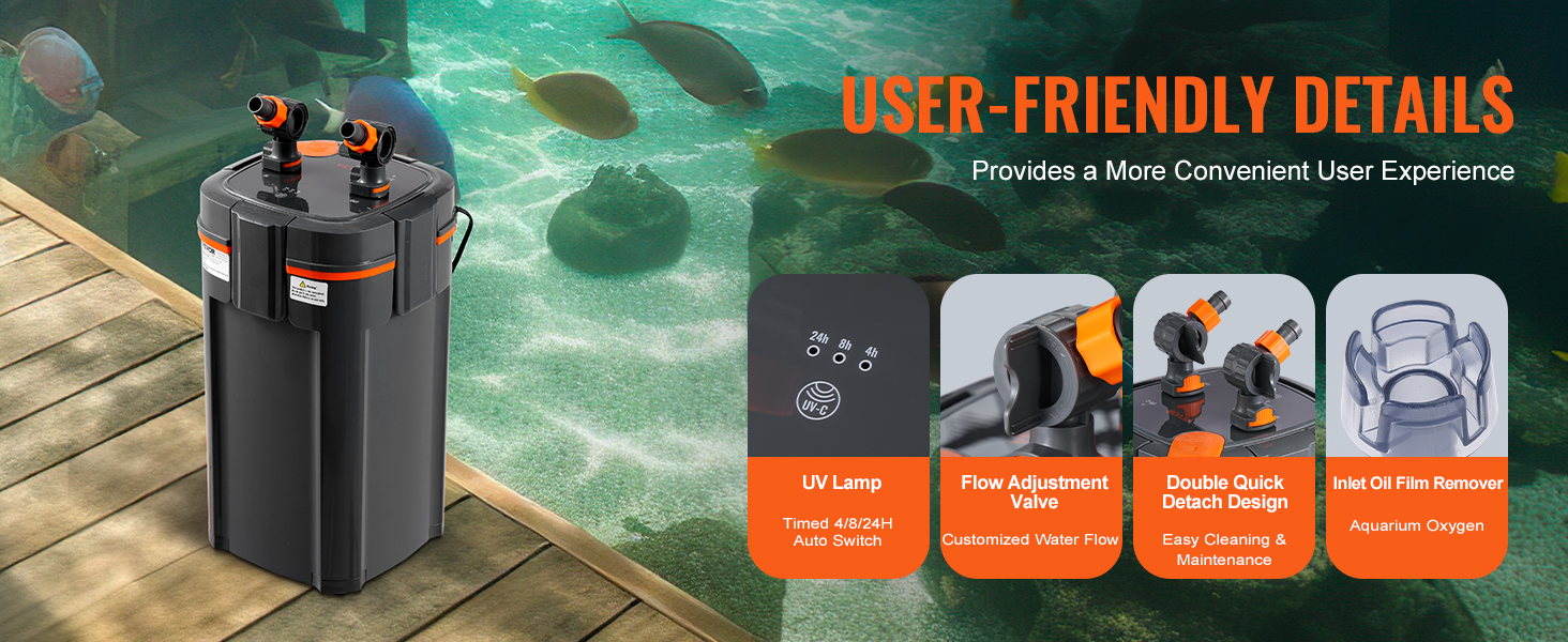 Filtro per acquario VEVOR con lampada UV, valvola di regolazione del flusso, design a sgancio rapido e dispositivo di rimozione della pellicola d'olio.