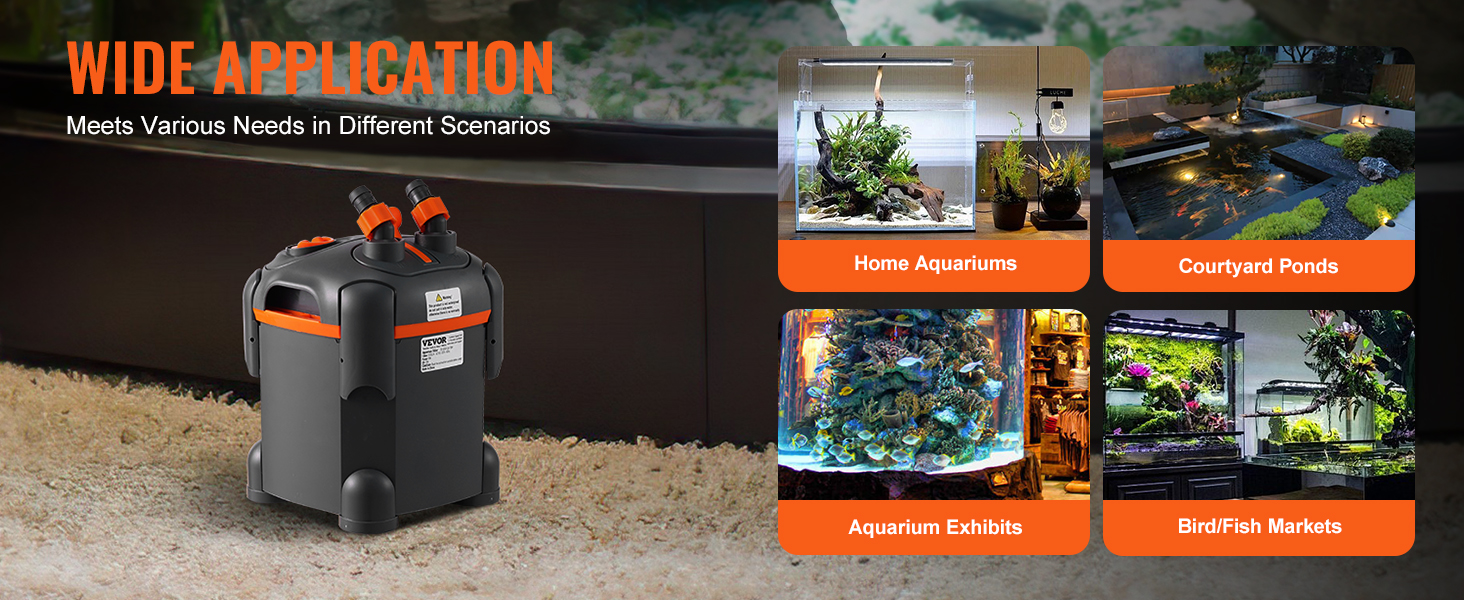 VEVOR aquarium filter for home aquariums, courtyard ponds, aquarium exhibits, bird/fish markets.