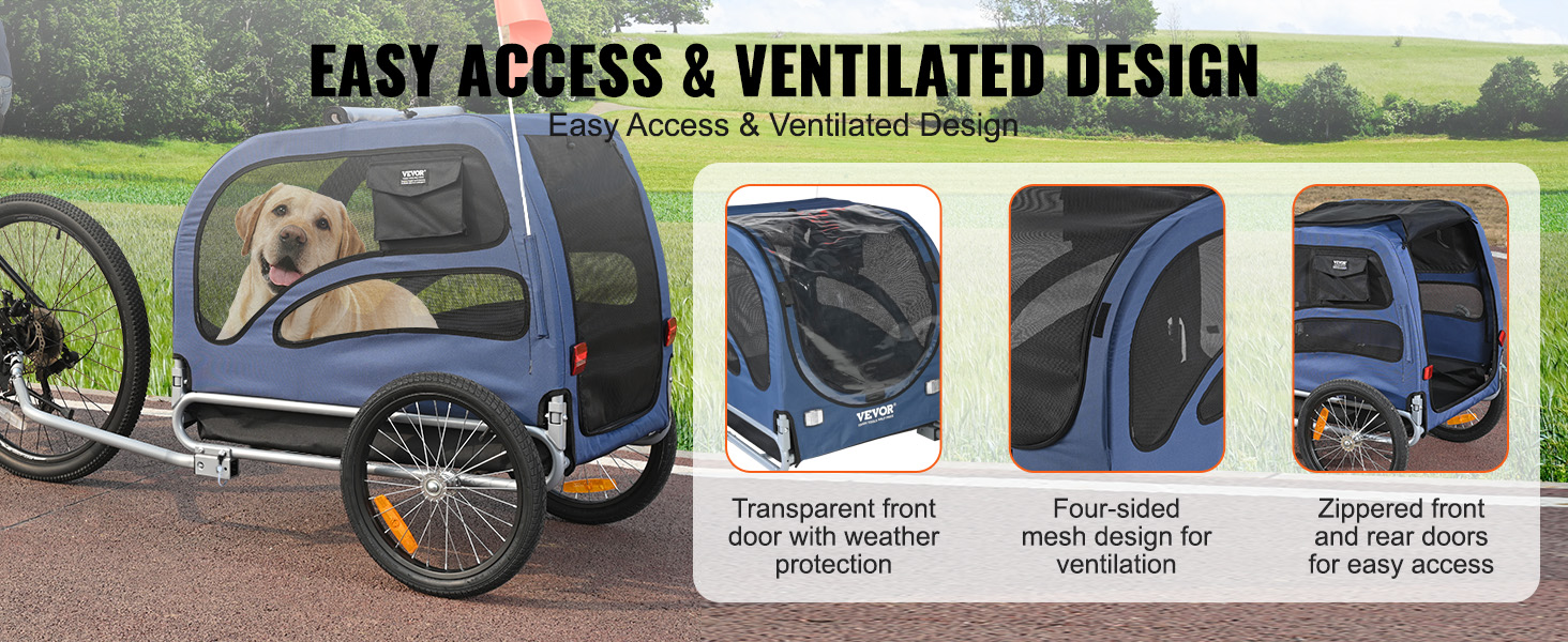 VEVOR dog bike trailer with mesh design, transparent front door, and zippered rear doors for easy access.