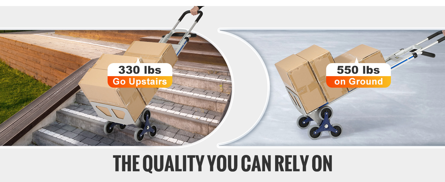 VEVOR stair climbing cart carrying boxes, supporting 330 lbs upstairs and 550 lbs on the ground.