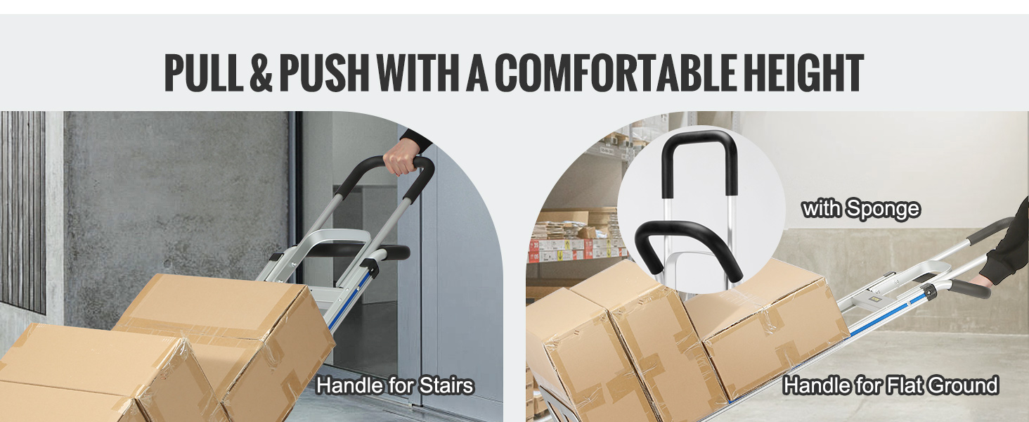 VEVOR stair climbing cart transporting boxes with comfortable handles for stairs and flat ground.