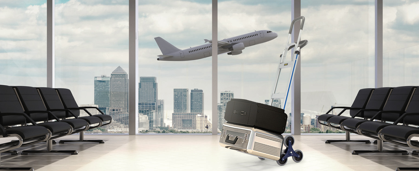 VEVOR stair climbing cart in an airport lounge with luggage, skyscrapers, and a plane taking off.