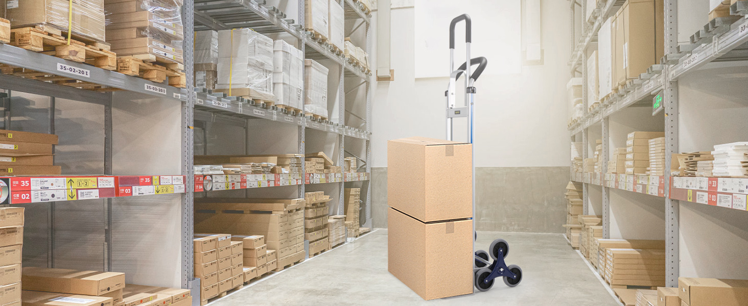 VEVOR stair climbing cart in a warehouse with boxes and shelves.
