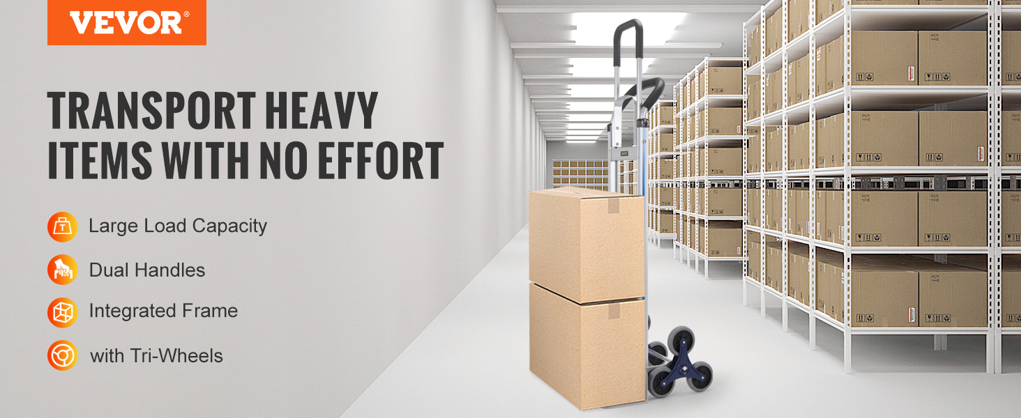 VEVOR stair climbing cart in a warehouse, transporting boxes with dual handles and tri-wheels.
