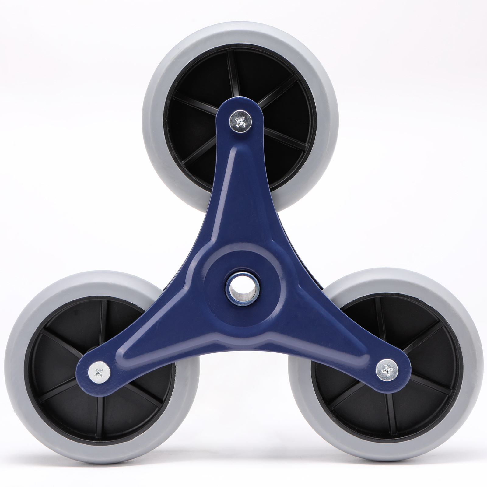 close-up of the VEVOR stair climbing cart's three-wheel assembly with blue frame and grey wheels.