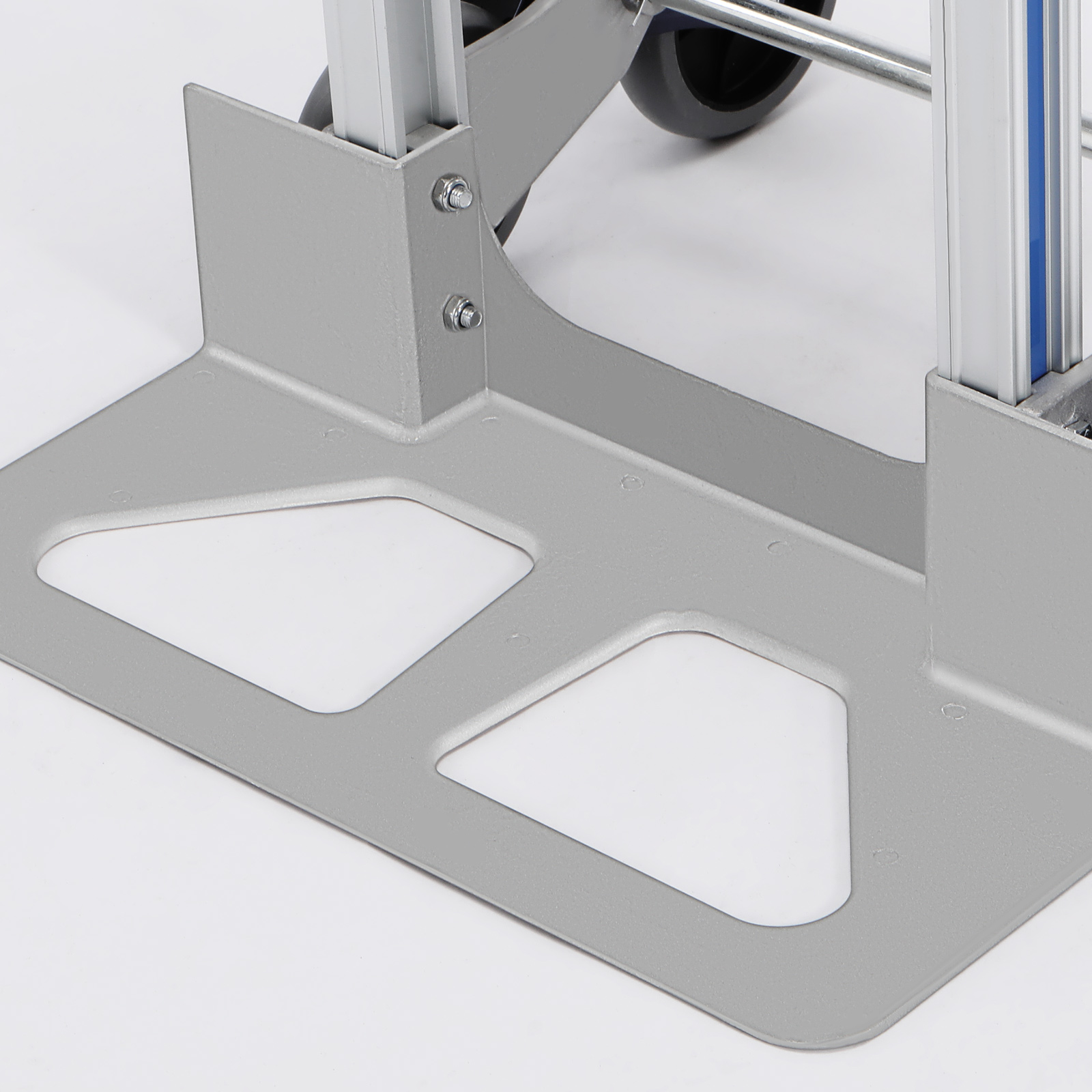 base plate and frame of a VEVOR stair climbing cart with robust metal construction and wheel support.