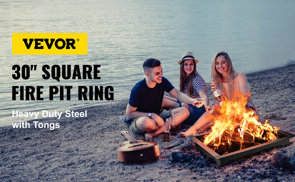 people enjoying bonfire by lake with VEVOR fire pit ring, guitar, and drinks on beach.