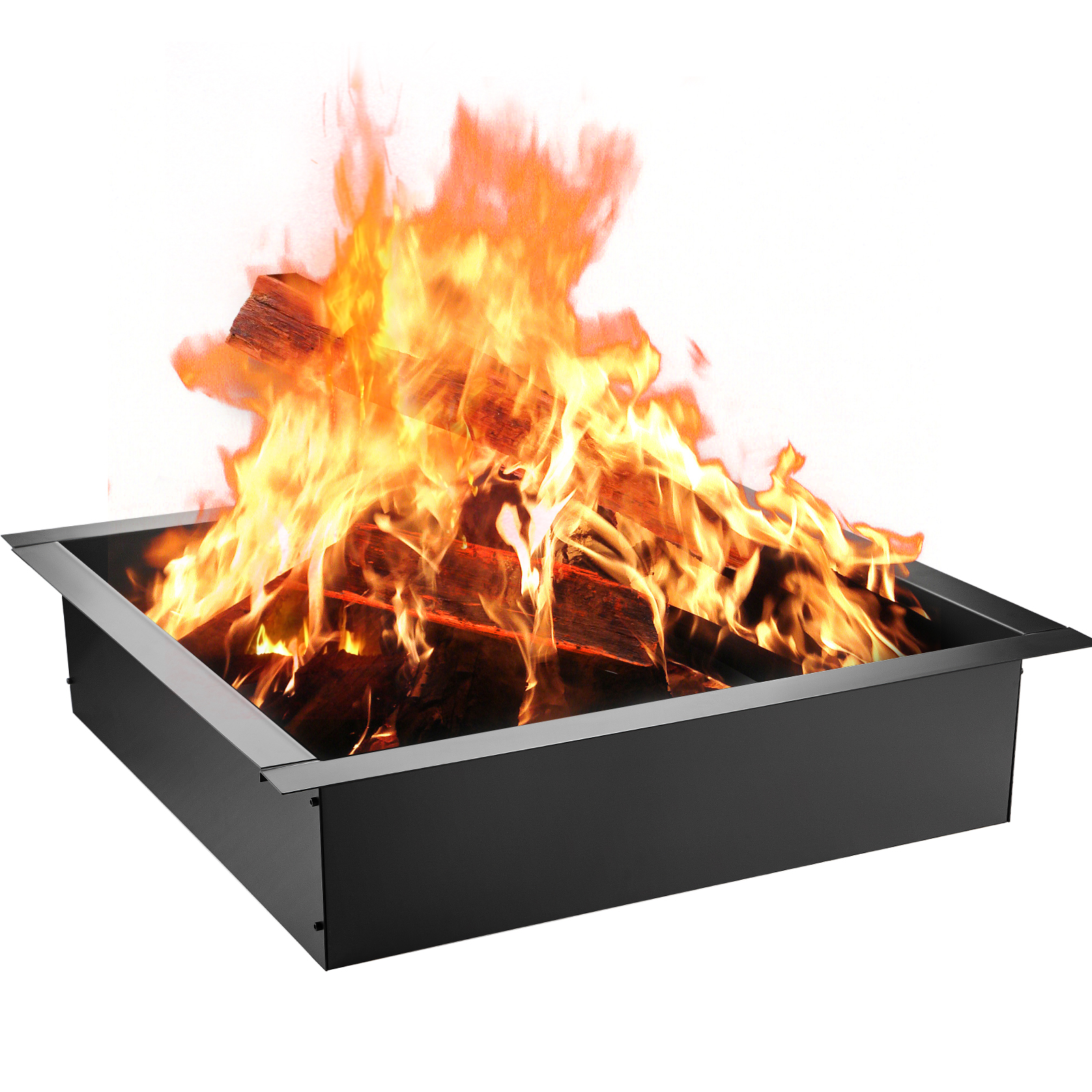 square black VEVOR fire pit ring with blazing fire and log wood.