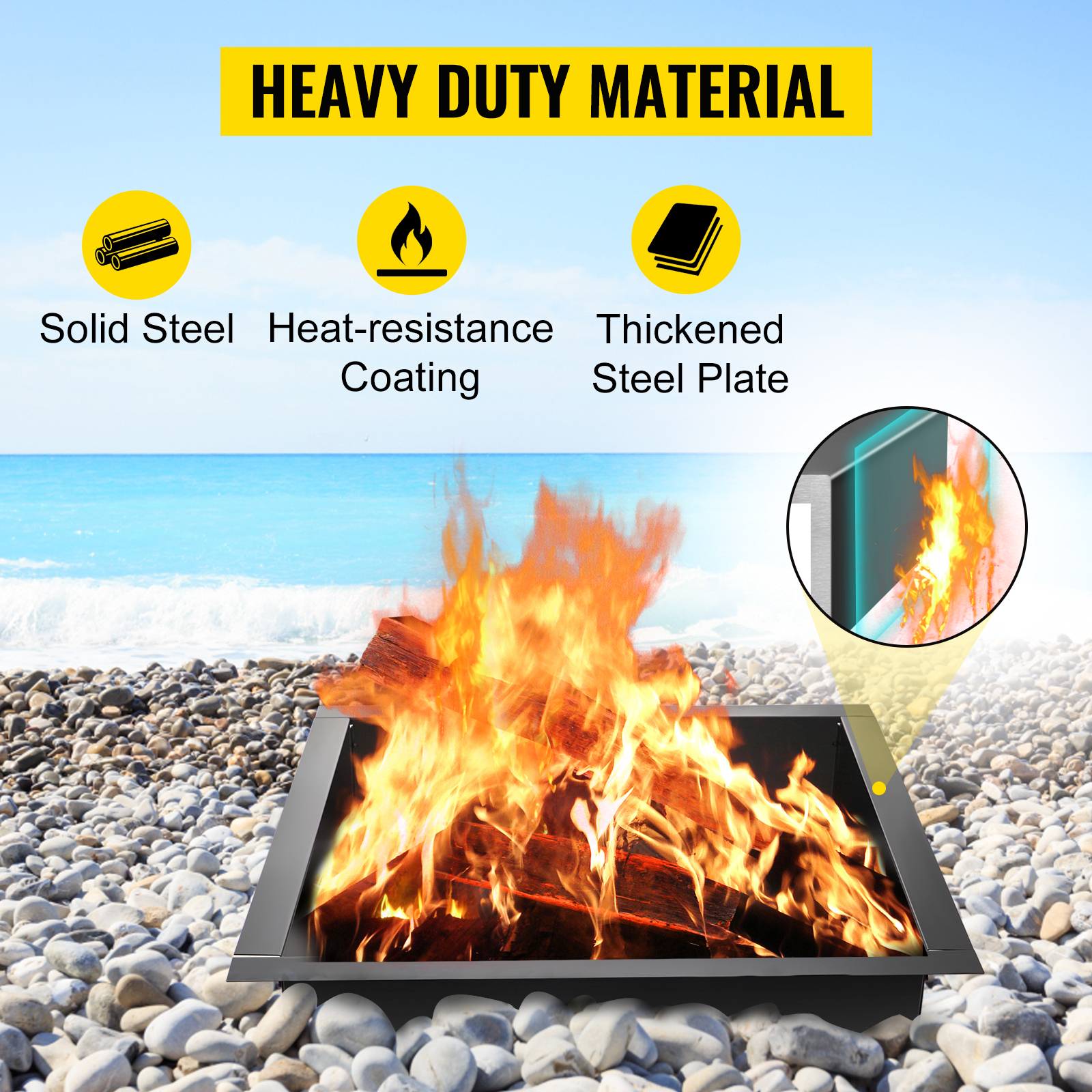 VEVOR fire pit ring on rocky beach with flames and heavy duty material icons.