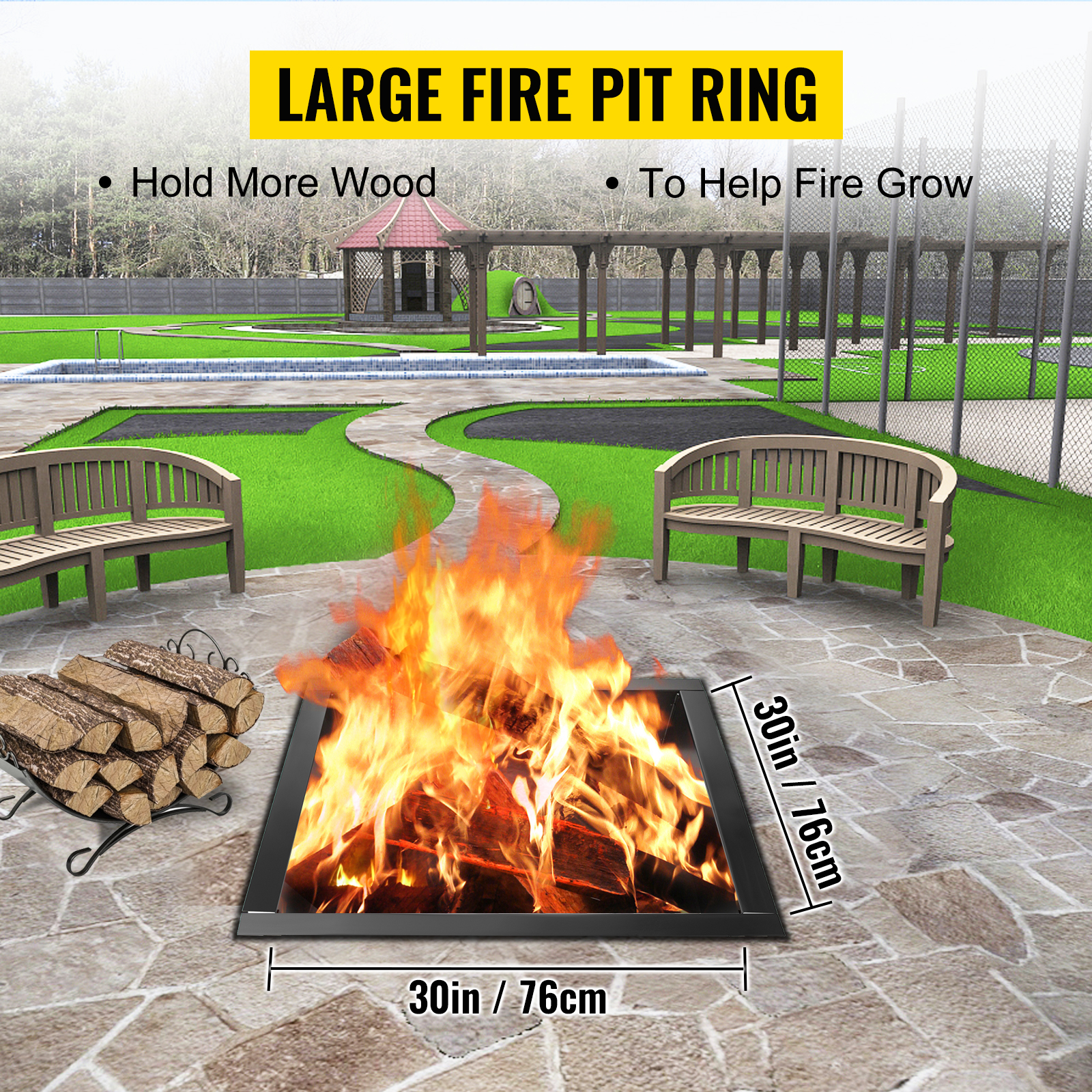 30in VEVOR fire pit ring in a garden with benches and stacked firewood.