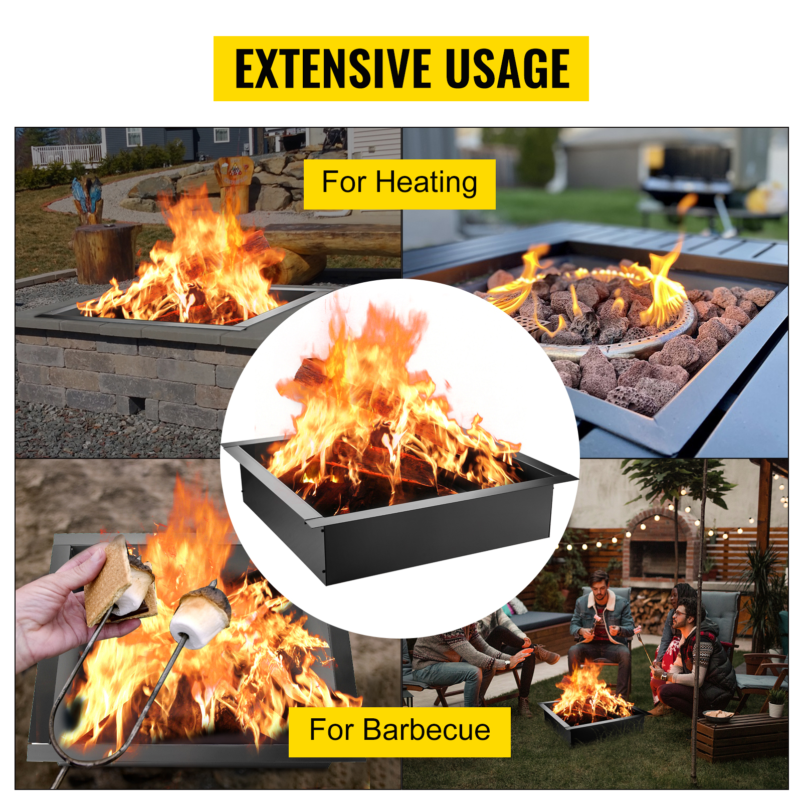 VEVOR fire pit ring for heating and barbecue with extensive usage options shown.