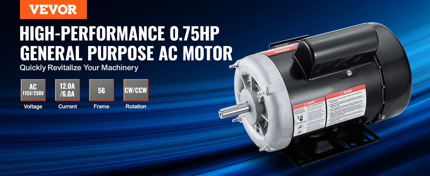 VEVOR 0.75HP Electric Motor 1725 rpm, AC 115V/230V, 56 Frame, Air ...