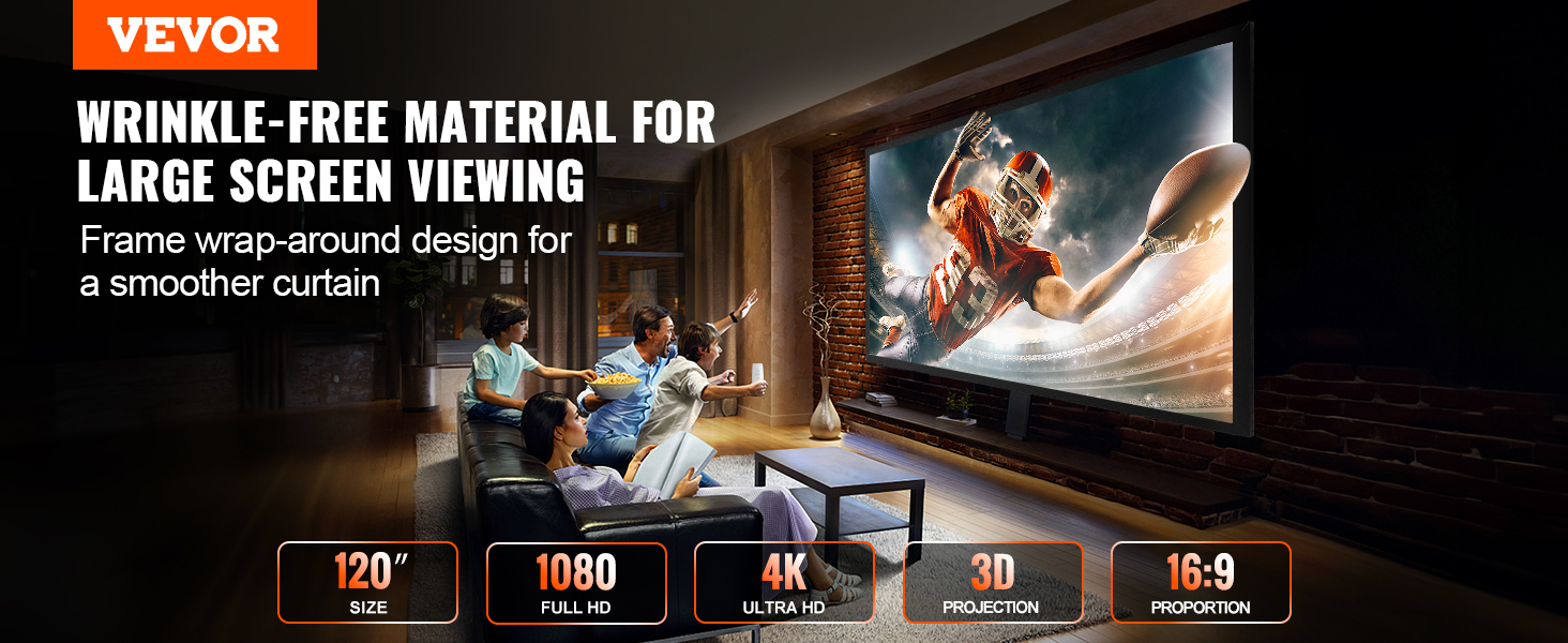 VEVOR 120-Inch Fixed Frame Projector Screen – 16:9 Matte White For 4K Home Theater
