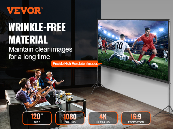 Lo schermo del proiettore VEVOR è realizzato in materiale antipiega per immagini nitide, supporta il formato 4K e ha una dimensione di 120".