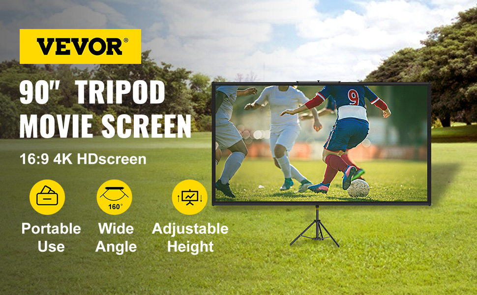 Pantalla de proyector VEVOR, trípode de 90", 16:9 4k hd, portátil, gran ángulo, altura ajustable.