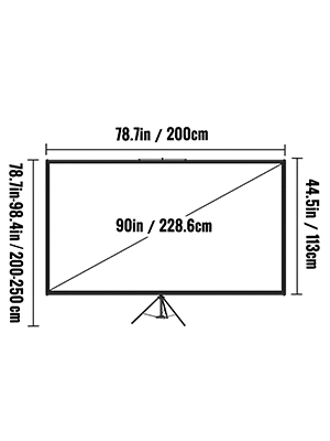 Dimensiones de la pantalla del proyector VEVOR: 90 pulgadas en diagonal, 78,7 pulgadas de ancho, 44,5 pulgadas de alto.