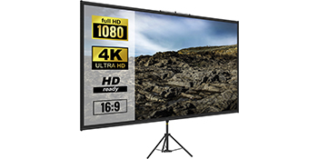 Pantalla de proyector VEVOR que muestra resolución Full HD 1080, 4K Ultra HD, HD Ready, formato horizontal 16:9.