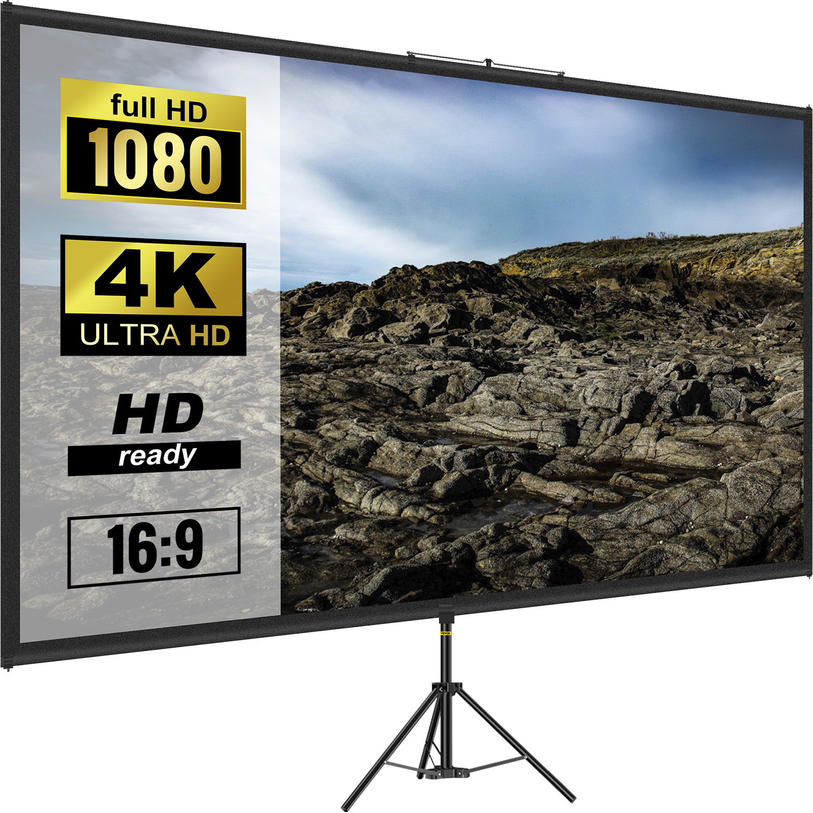 Pantalla de proyector VEVOR que muestra resolución Full HD 1080, 4K Ultra HD, HD Ready, relación de aspecto 16:9.
