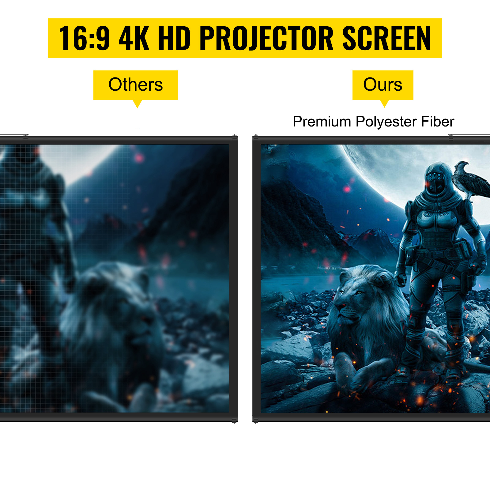 Comparación de pantallas de proyector VEVOR 4k hd 16:9 que muestran la claridad de la imagen.