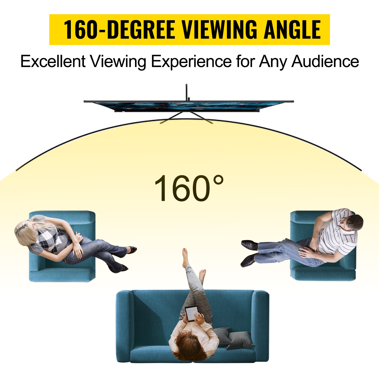 Ángulo de visión de 160 grados que muestra la pantalla del proyector VEVOR con múltiples espectadores.