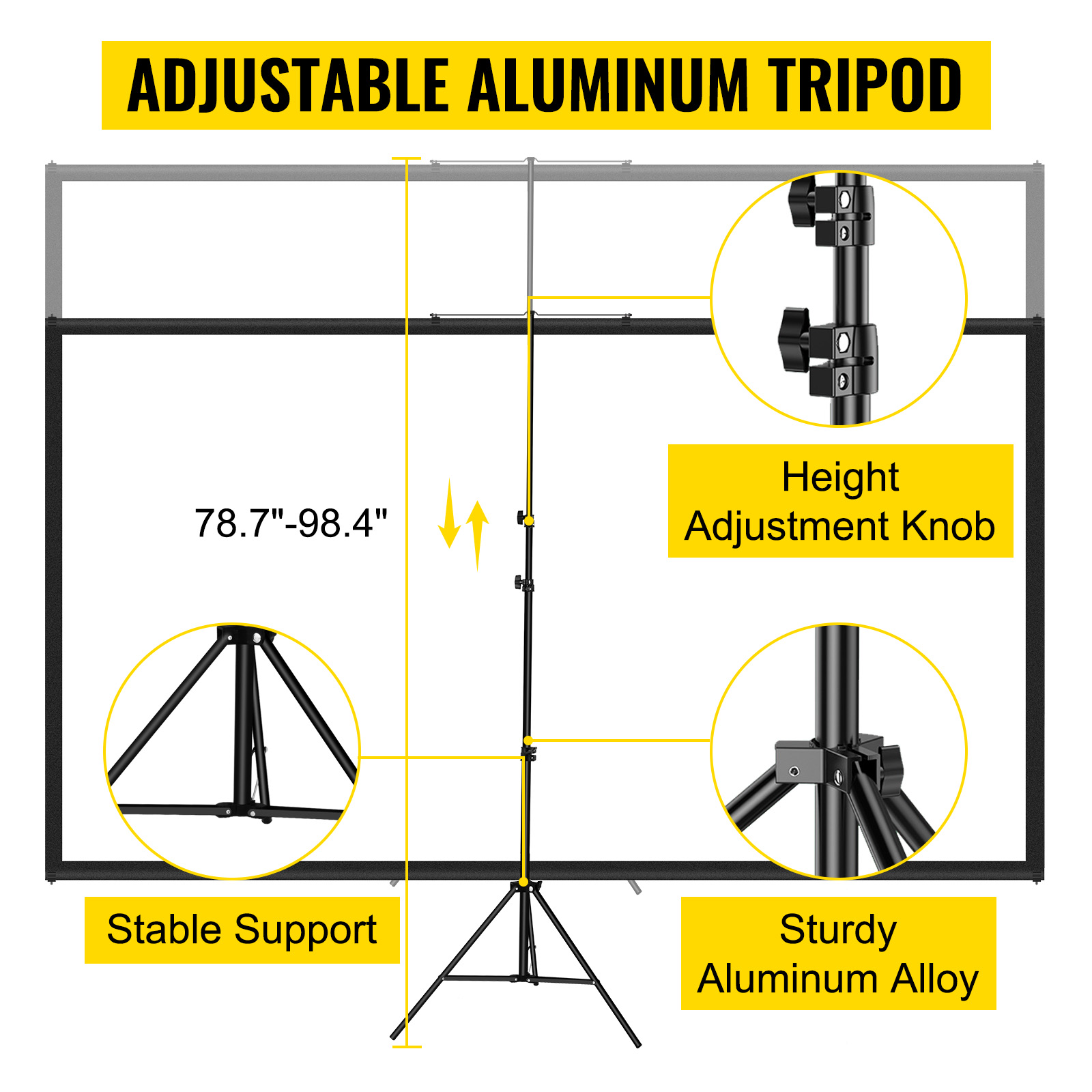 Trípode de aluminio ajustable para pantalla de proyector VEVOR con perilla de ajuste de altura, soporte resistente.