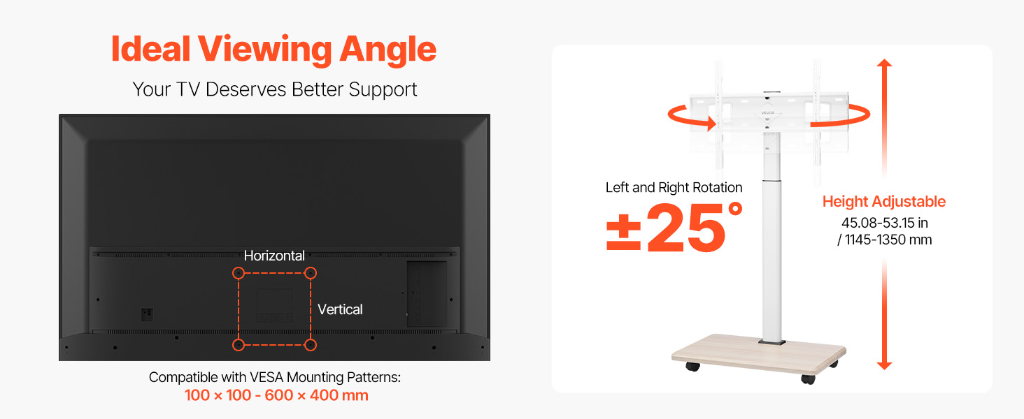 VEVOR Rolling TV Stand, Mobile TV Cart For 55 100 Inch Screens Height Adjustable Portable Monitor Stand With Tray Black