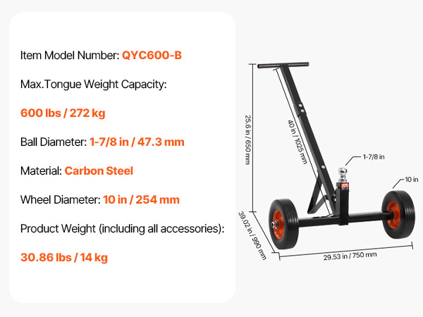 VEVOR Adjustable Trailer Dolly, 680.4 Kg Tongue Weight Capacity, 2 In 1 - Foto 10