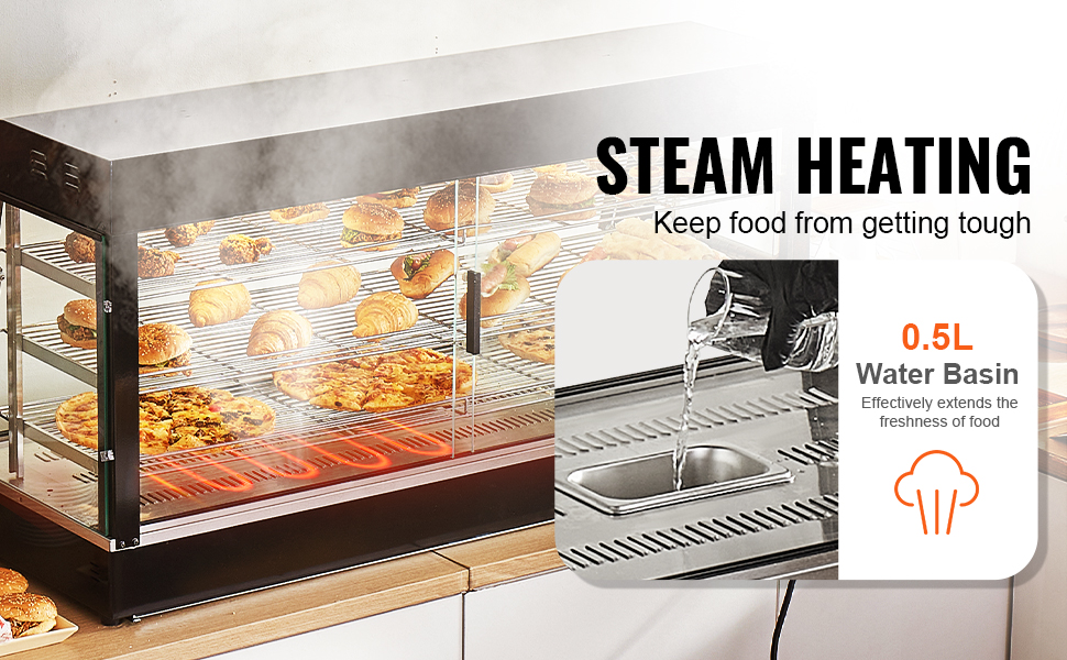 Vitrine Chauffante Commerciale VEVOR 3 Niveaux - 800 W, Contrôle Température 30-85°C, Capacité 90 L - Pour Hamburgers, Pizza, Poulet Frit