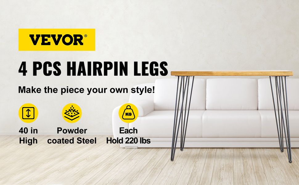 VEVOR hairpin tafelpoten, 40 inch hoog, gepoedercoat staal, elk met een draagvermogen van 220 lbs, set van 4.