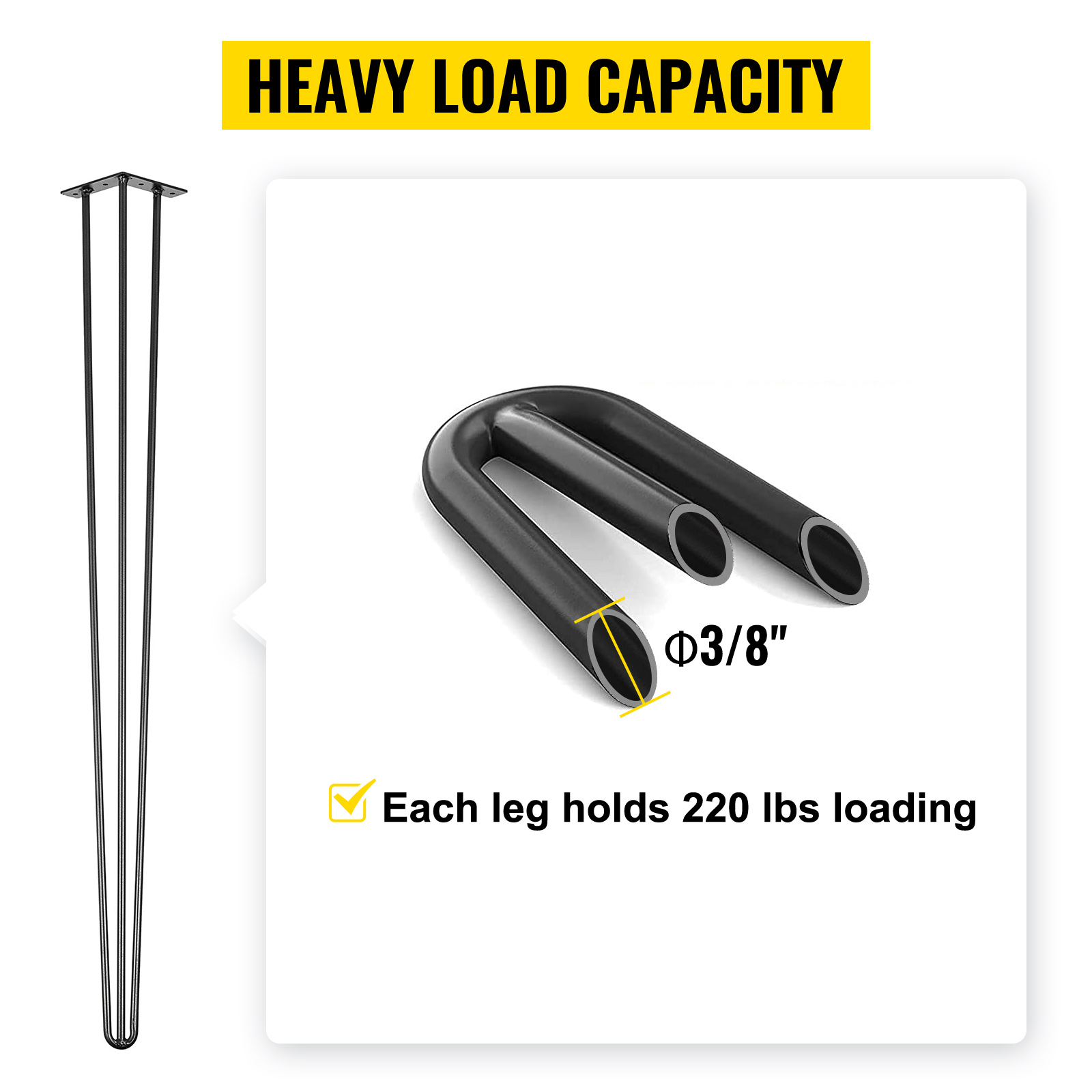 VEVOR hairpin tafelpoten met een diameter van 3/8" kunnen een belasting van 220 lbs dragen en zijn geschikt voor zware lasten.