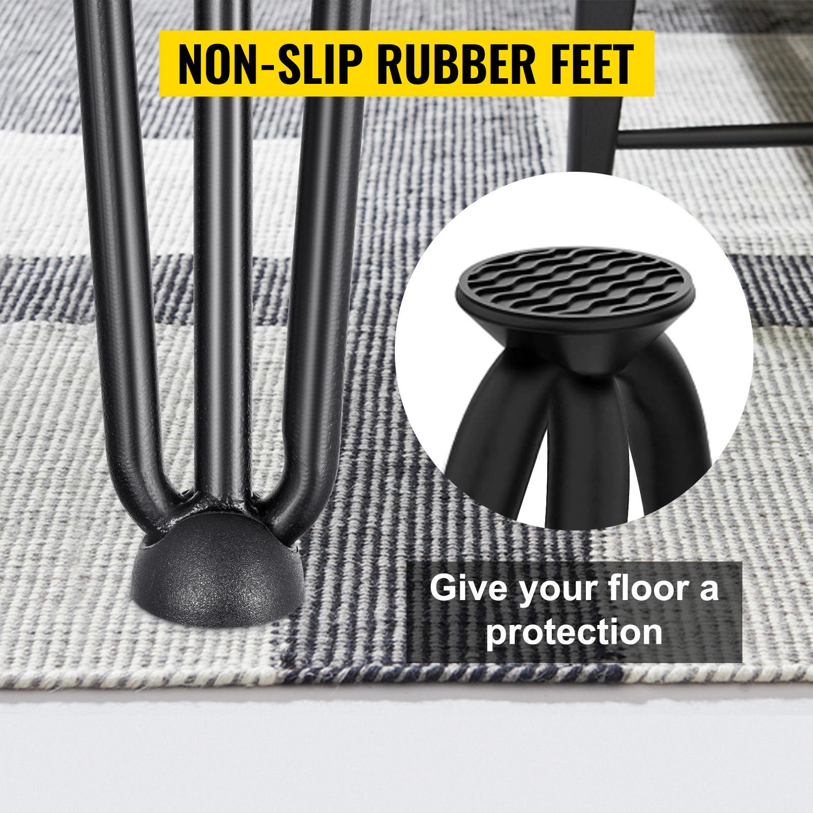 Zwarte VEVOR hairpin tafelpoten met antislip rubberen voetjes op een gestreept tapijt.