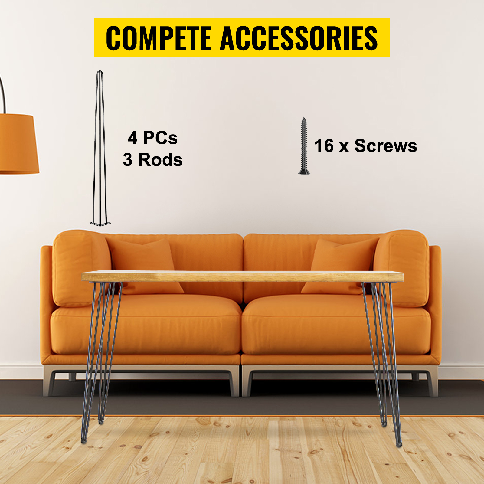 Oranje bank en tafel met VEVOR hairpin tafelpoten, inclusief alle accessoires.