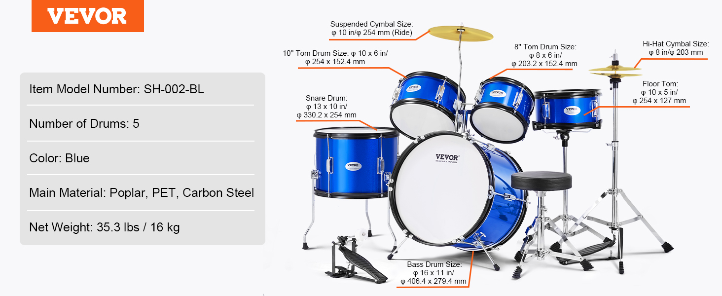 VEVOR kids drum set, 5 drums, blue, poplar, pet, carbon steel, net weight 35.3 lbs.