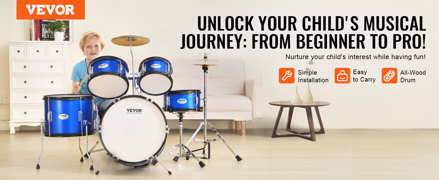 VEVOR kids drum set for beginners, featuring blue drums, easy installation, and all-wood construction.