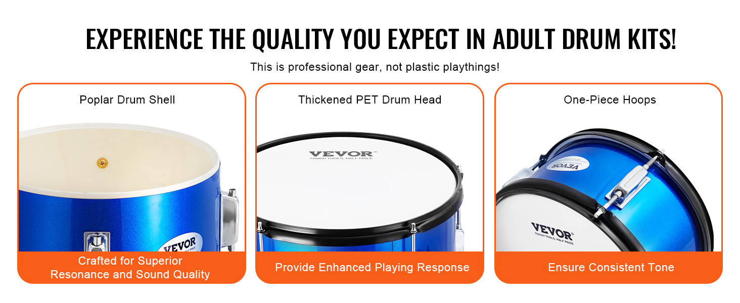 poplar drum shell, thickened pet drum head, one-piece hoops, superior sound, VEVOR kids drum set.
