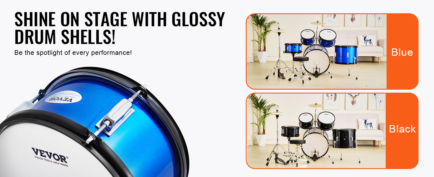 VEVOR kids drum set in blue and black with glossy shells for standout performances.