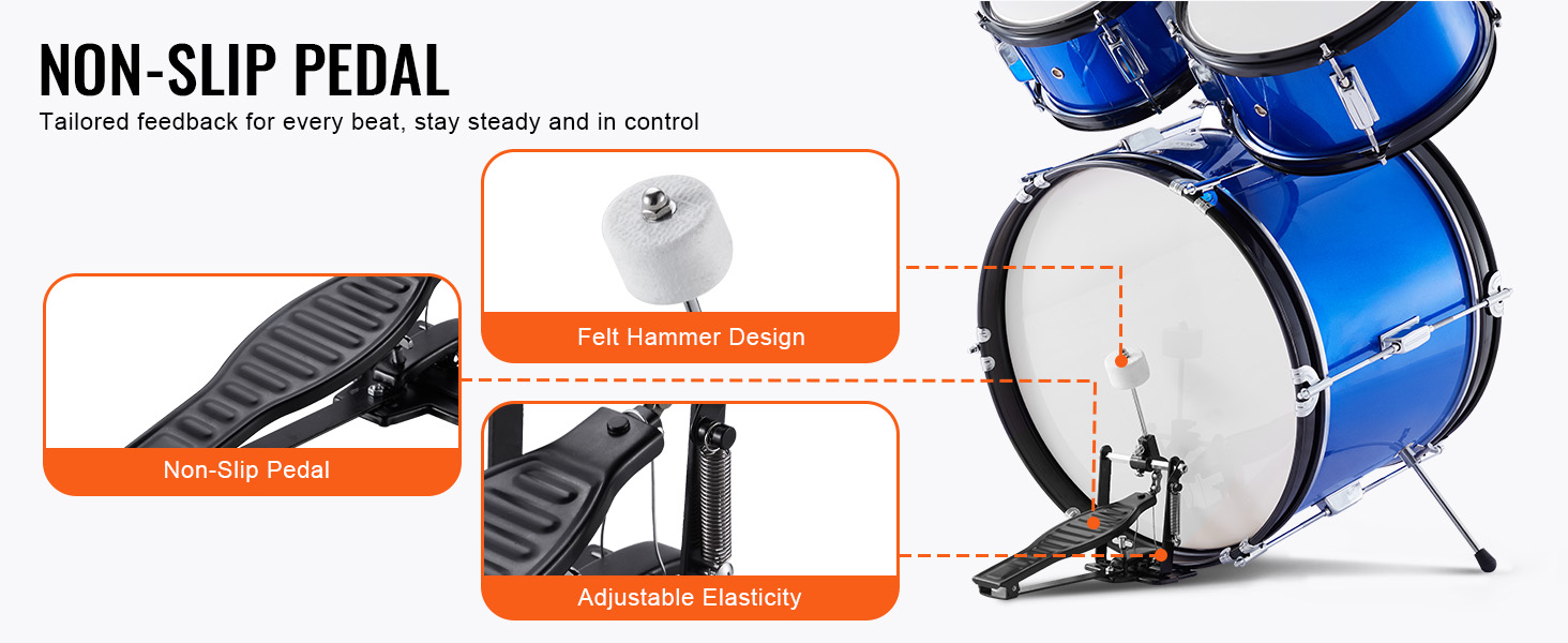 non-slip pedal with felt hammer design and adjustable elasticity on VEVOR kids drum set.