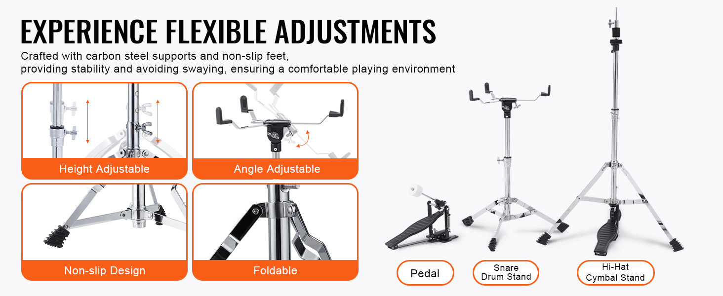 VEVOR kids drum set with height adjustable, angle adjustable, non-slip design, and foldable stands.