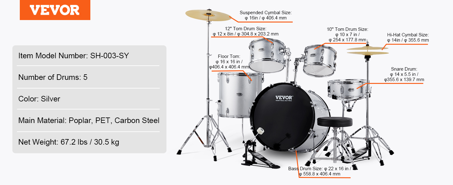 VEVOR adult drum set in silver with 5 drums and cymbals, item model sh-003-sy, weighing 67.2 lbs.