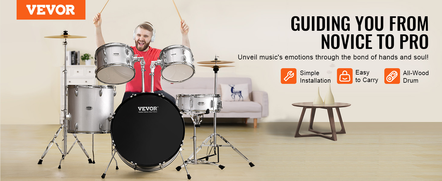 VEVOR adult drum set in living room, musican playing, features simple installation and all-wood drum.