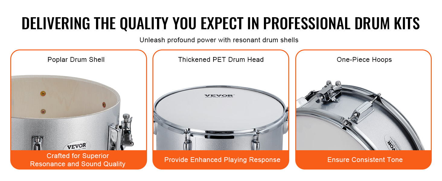 VEVOR adult drum set with poplar drum shell, thickened pet drum head, and one-piece hoops for quality sound.