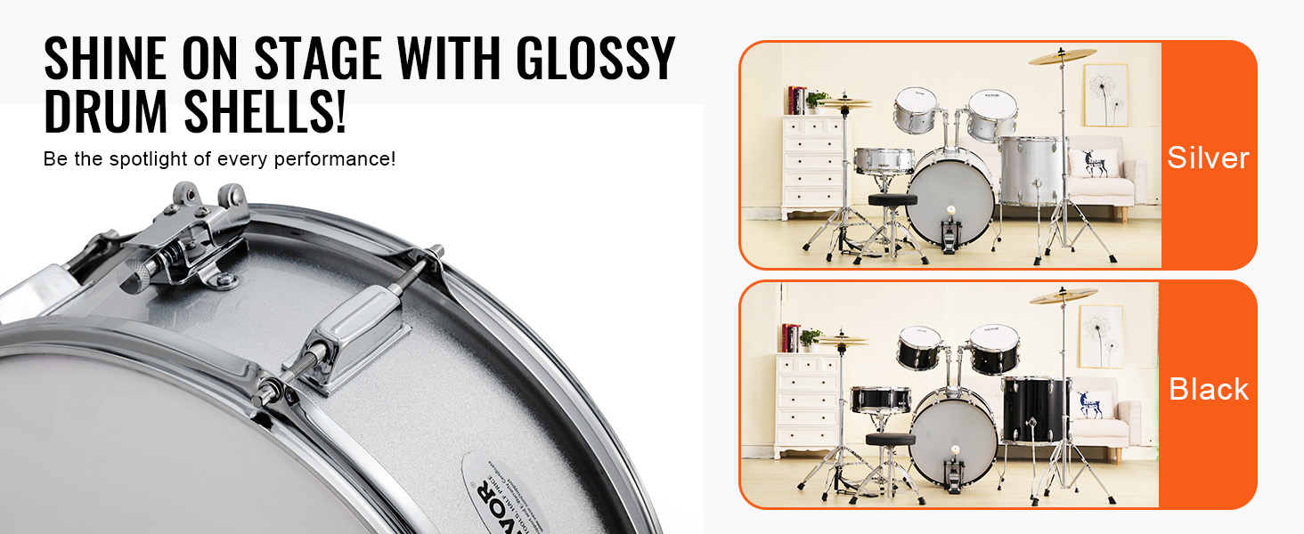 glossy VEVOR adult drum set in silver and black options, perfect for stage performances.