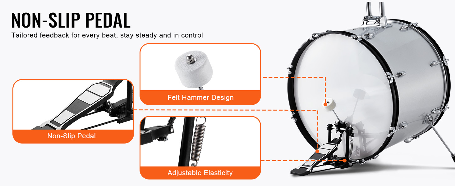 VEVOR adult drum set with non-slip pedal, adjustable elasticity, and felt hammer design for stability.