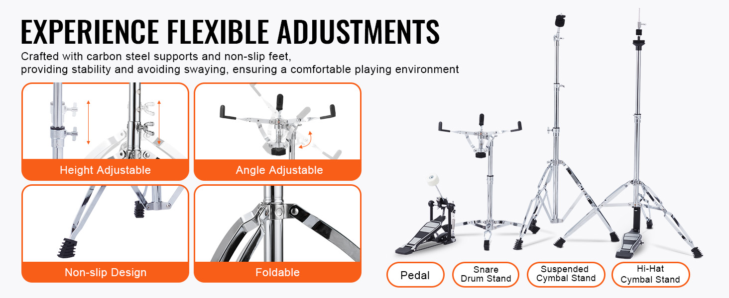 VEVOR adult drum set includes adjustable, foldable stands with non-slip feet for stable playing.
